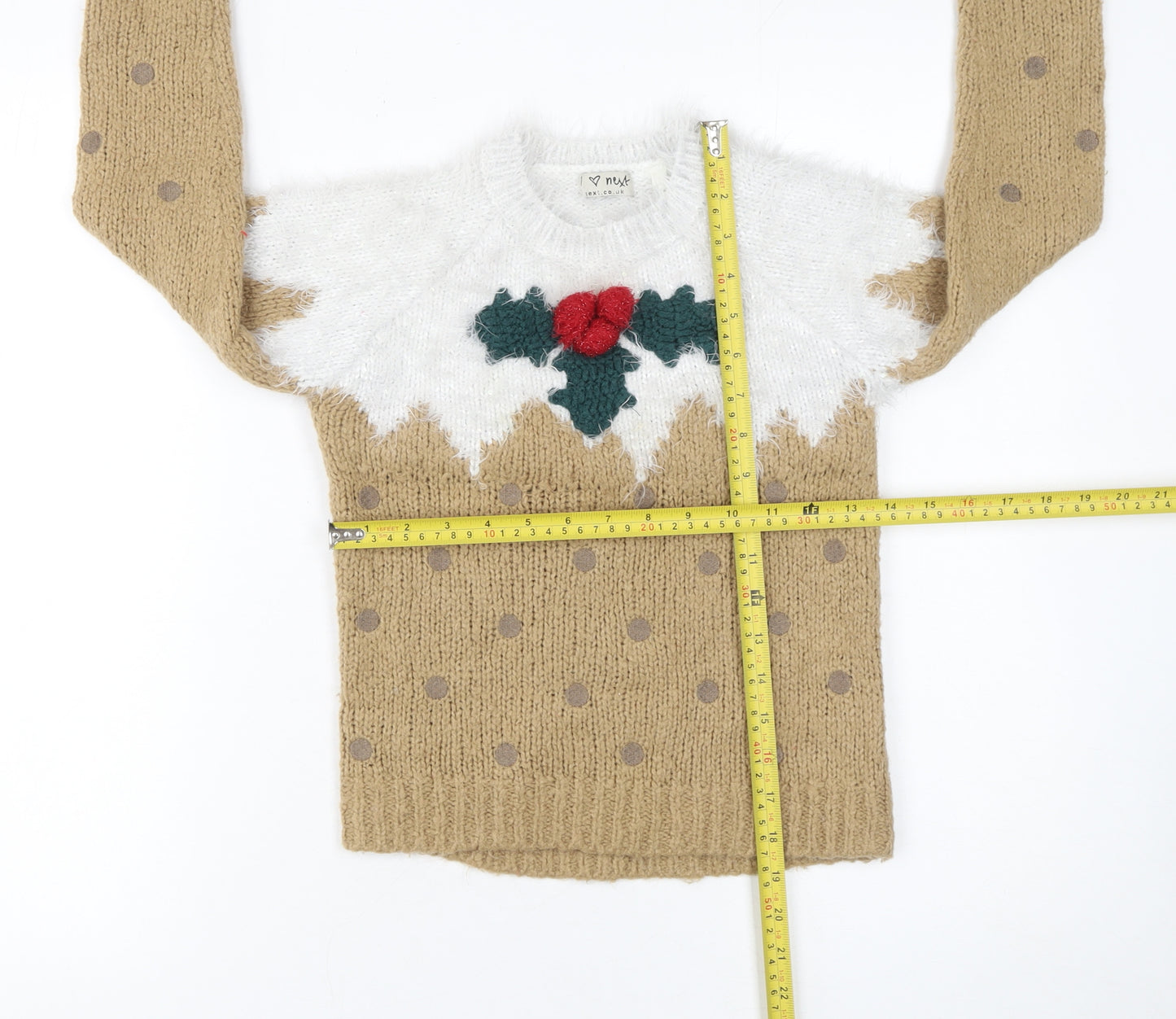 Next Girls Beige Christmas Pudding Jumper 8 Years Long Sleeve Knitwear