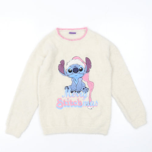 Disney Stitch Girls Ivory Fluffy Christmas Pullover Jumper 9 Years