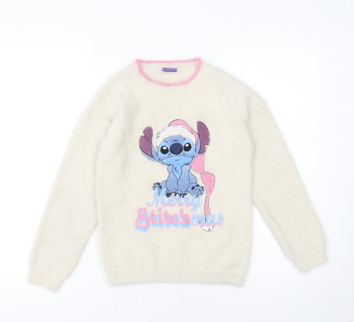 Disney Stitch Girls Ivory Fluffy Christmas Pullover Jumper 9 Years
