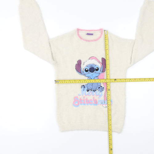 Disney Stitch Girls Ivory Fluffy Christmas Pullover Jumper 9 Years