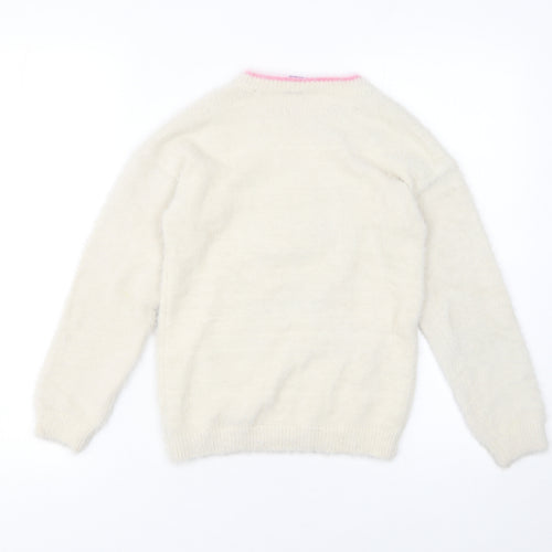 Disney Stitch Girls Ivory Fluffy Christmas Pullover Jumper 9 Years