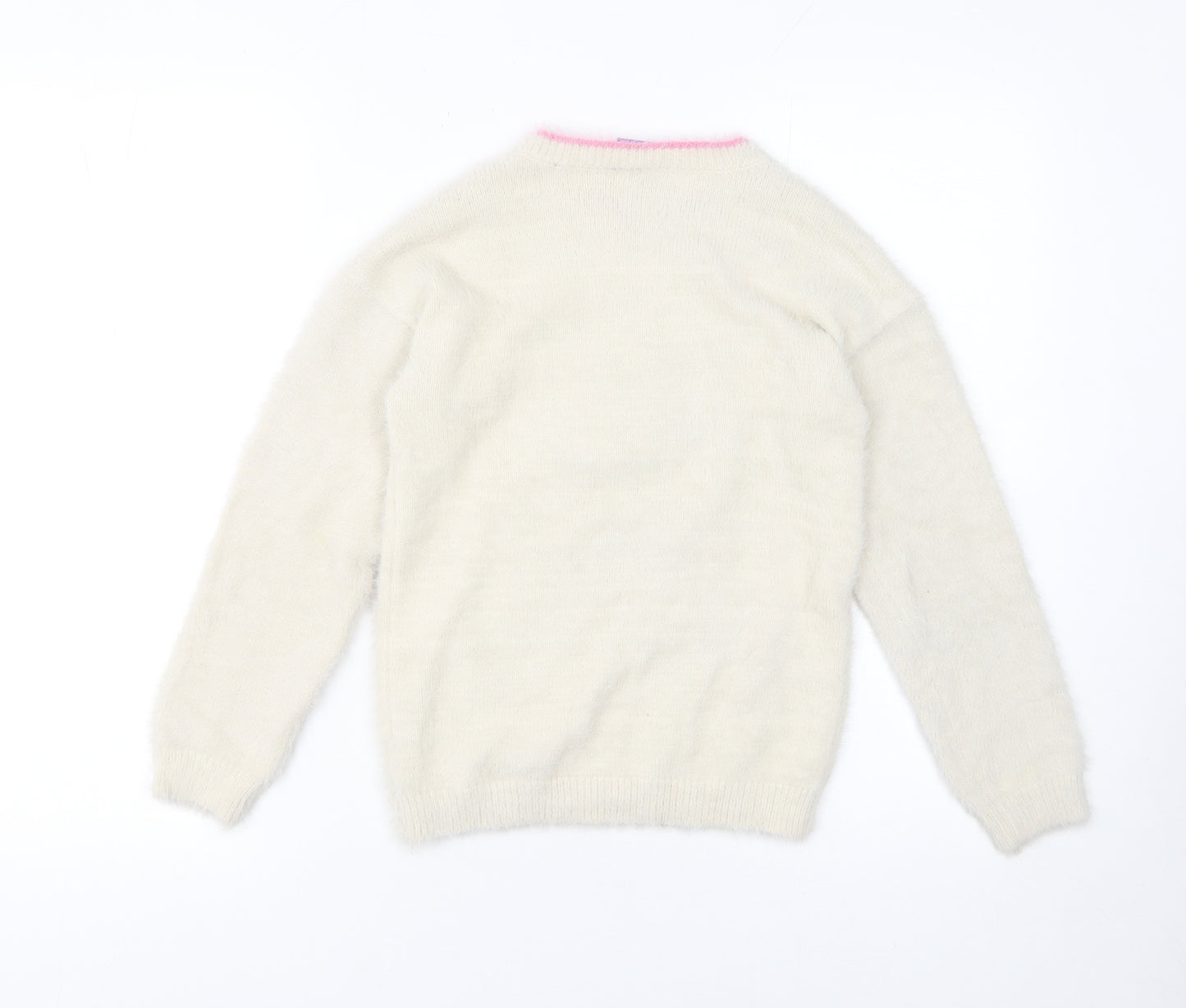 Disney Stitch Girls Ivory Fluffy Christmas Pullover Jumper 9 Years