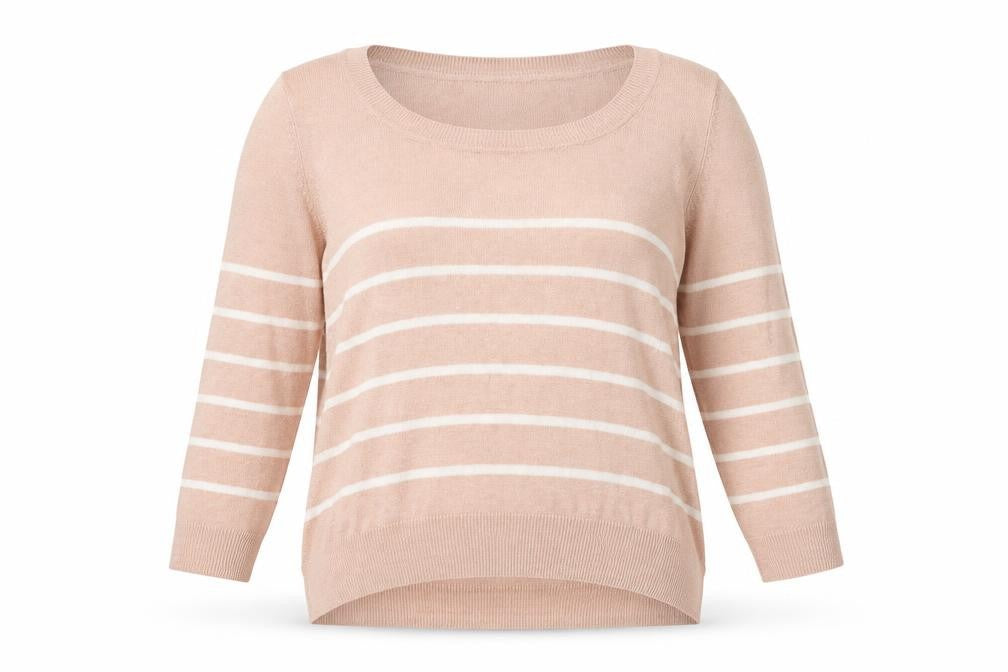Front view of H&M Women’s Beige Striped Knit Jumper, size S, Crew Neck Pullover