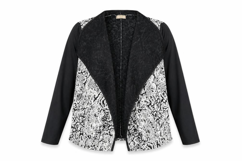 Front view of Silk women’s black snakeskin print open front jacket, size S