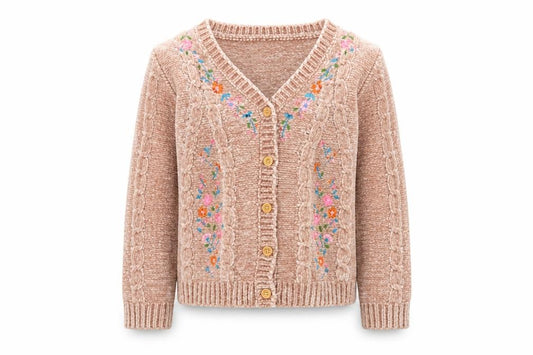 Front view of Monsoon girls’ beige floral embroidered cardigan 11-12 years button knit