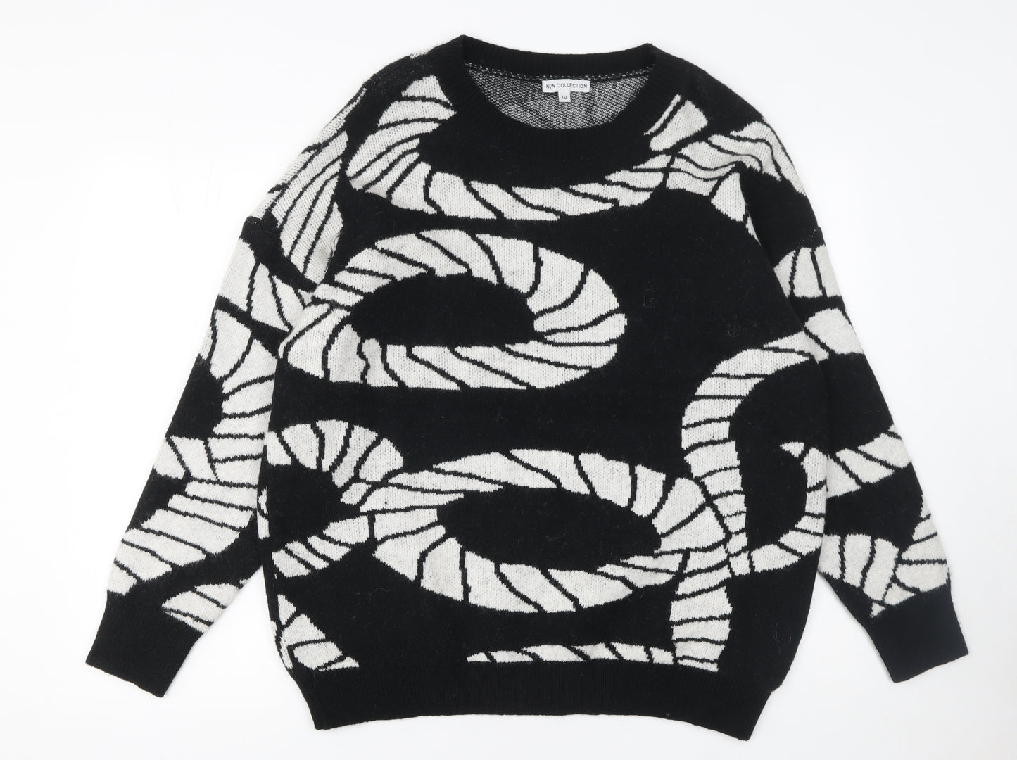 TU Women's Black White Geometric Crew Neck Jumper Size M