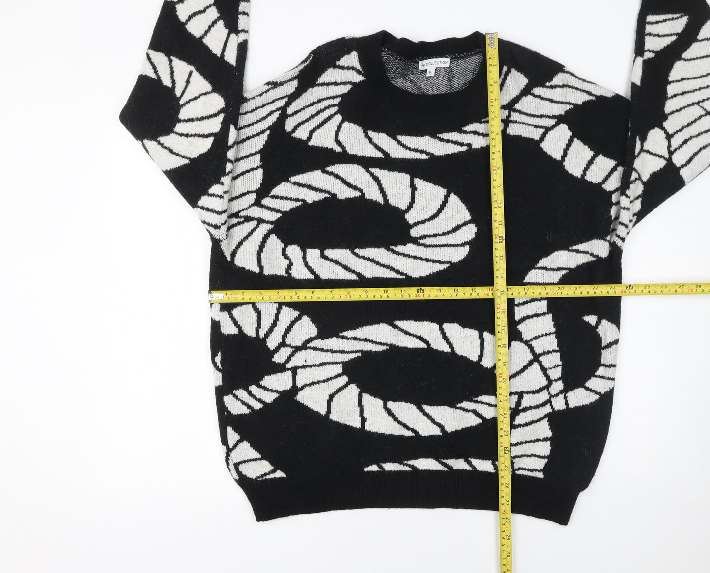 TU Women's Black White Geometric Crew Neck Jumper Size M