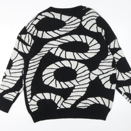 TU Women's Black White Geometric Crew Neck Jumper Size M