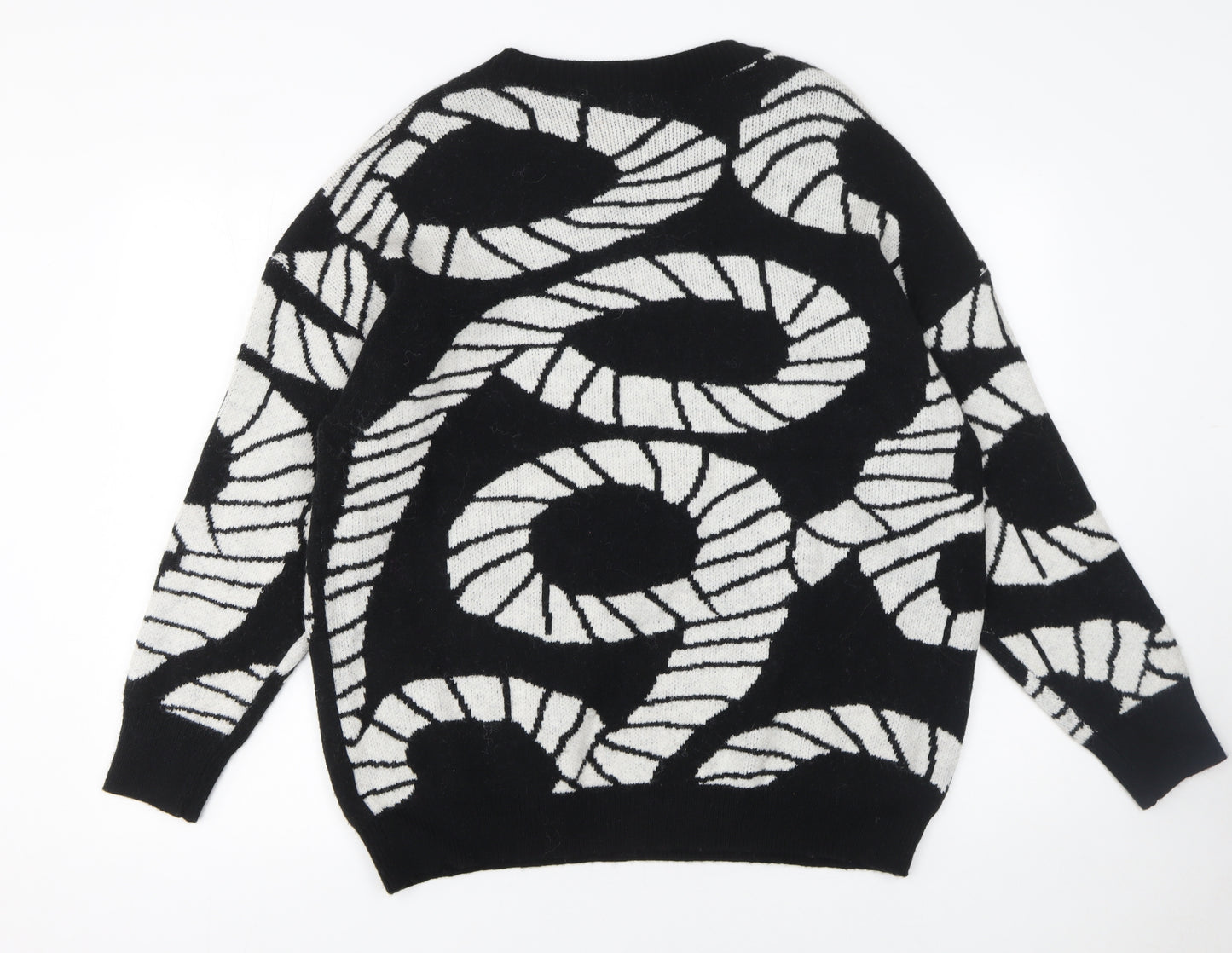 TU Women's Black White Geometric Crew Neck Jumper Size M