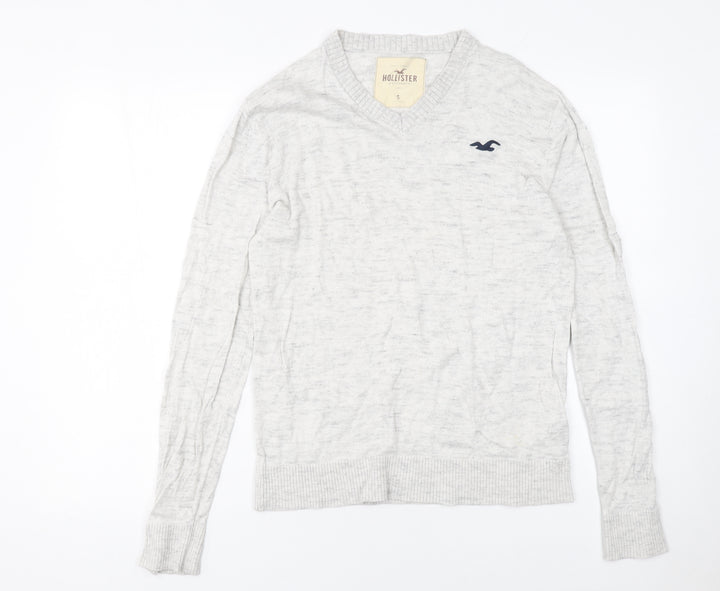 Hollister Men's Grey V-Neck Cotton Blend Jumper Size S