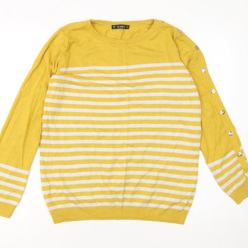 Dunnes Women's Yellow Striped Button Sleeve Crew Neck Jumper Size S