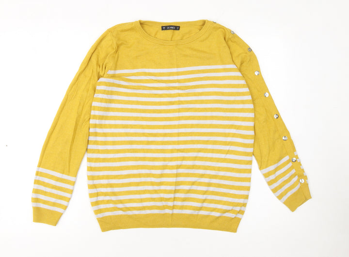 Dunnes Women's Yellow Striped Button Sleeve Crew Neck Jumper Size S