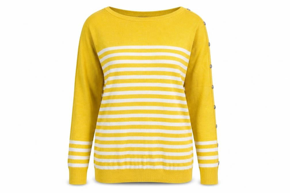 Front view of Dunnes Women's Yellow Striped Button Sleeve Crew Neck Jumper, size S