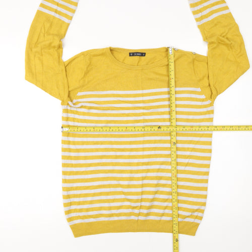 Dunnes Women's Yellow Striped Button Sleeve Crew Neck Jumper Size S