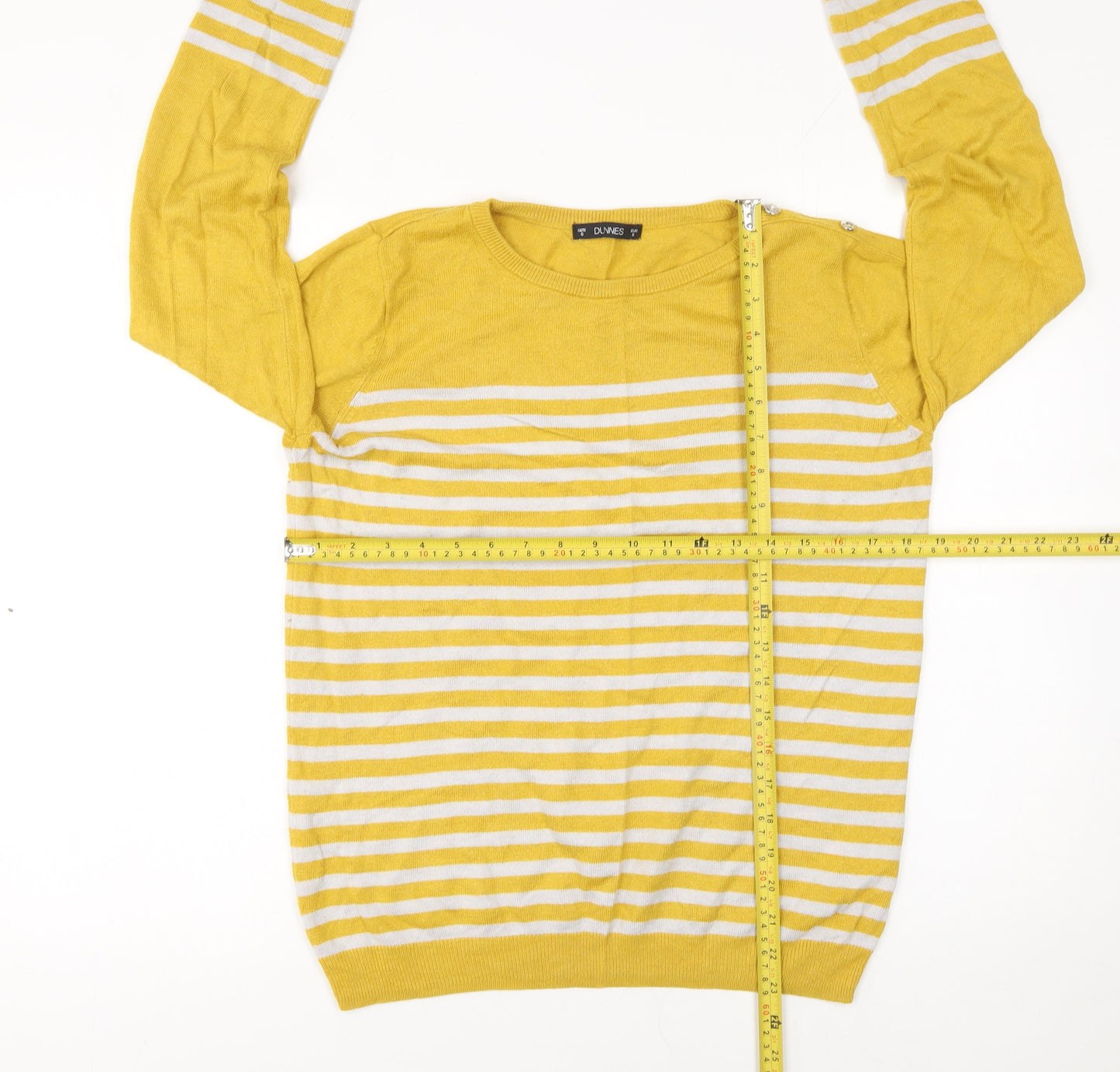 Dunnes Women's Yellow Striped Button Sleeve Crew Neck Jumper Size S