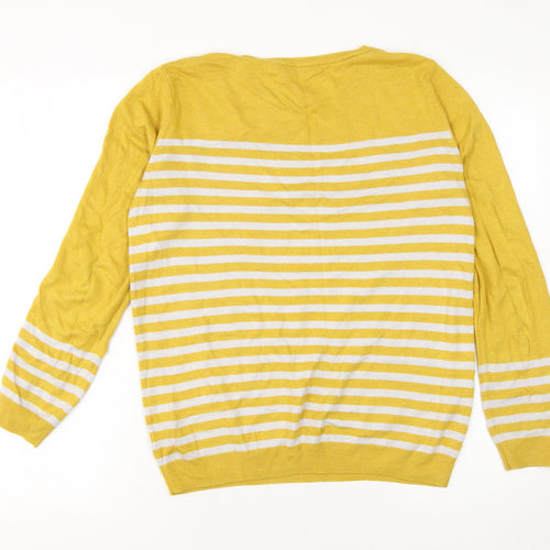 Dunnes Women's Yellow Striped Button Sleeve Crew Neck Jumper Size S