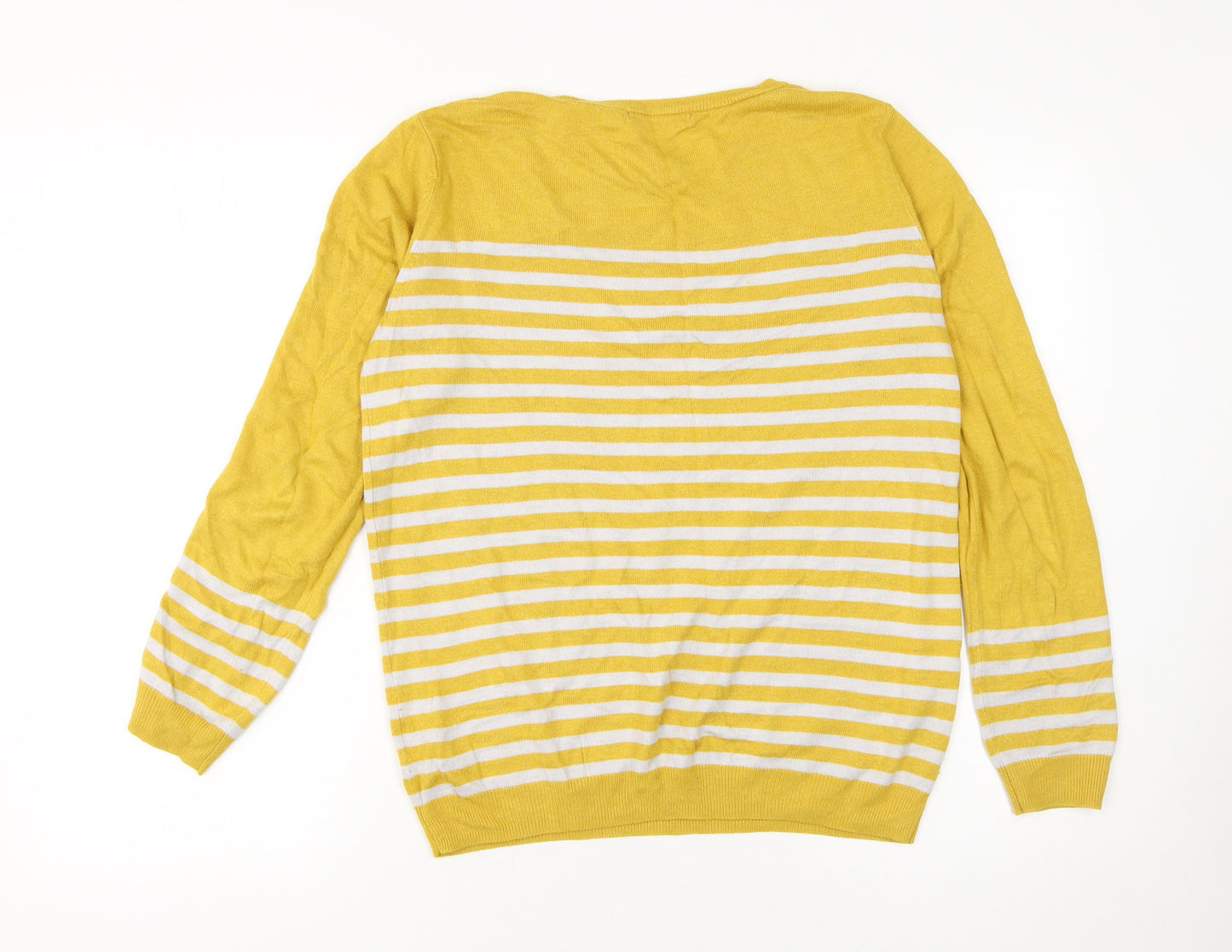 Dunnes Women's Yellow Striped Button Sleeve Crew Neck Jumper Size S
