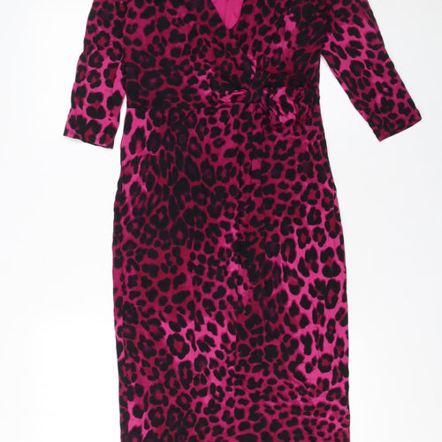 Marks and Spencer Per Una Pink Leopard Print Wrap Dress Size 10 Women’s 3/4 Sleeve Velvet