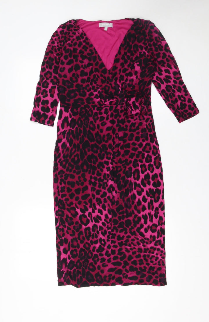 Marks and Spencer Per Una Pink Leopard Print Wrap Dress Size 10 Women’s 3/4 Sleeve Velvet