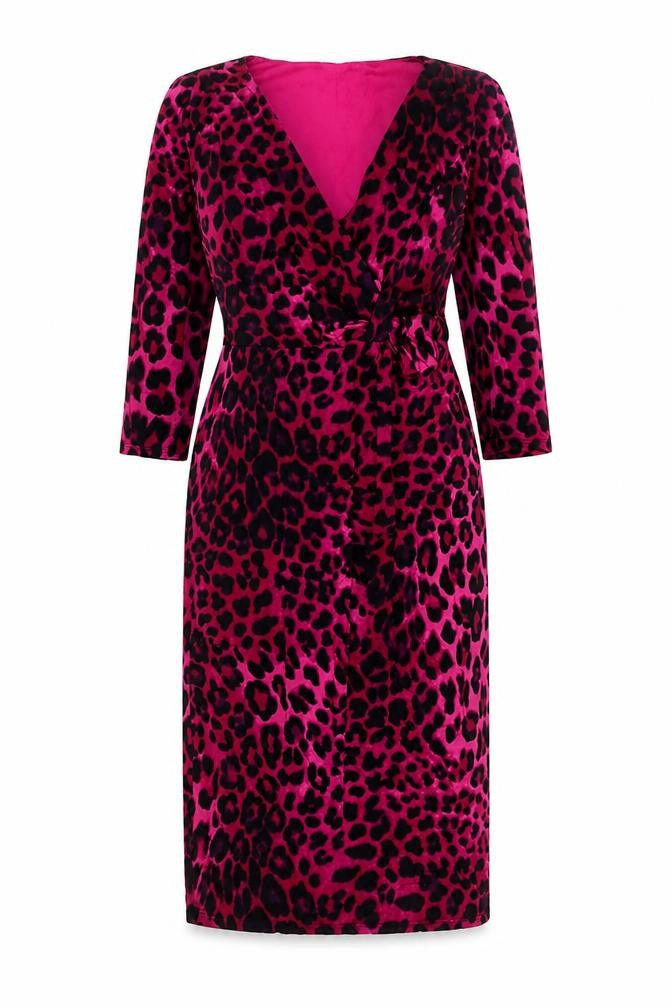 Marks and Spencer Per Una Pink Leopard Print Wrap Dress Size 10 Women’s 3/4 Sleeve Velvet