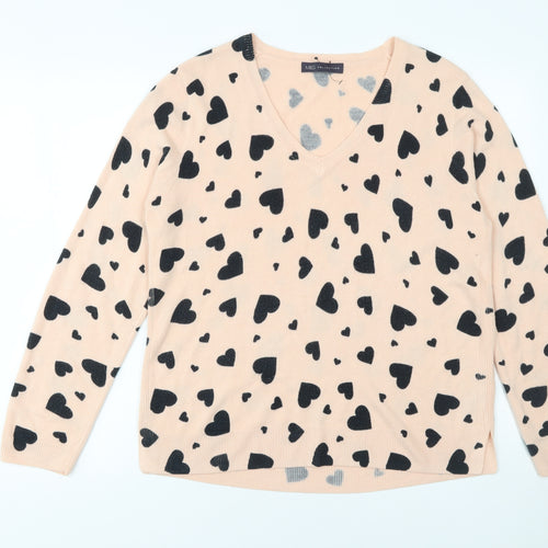 Marks and Spencer Womens Beige Heart Print V-Neck Acrylic Jumper Size 16