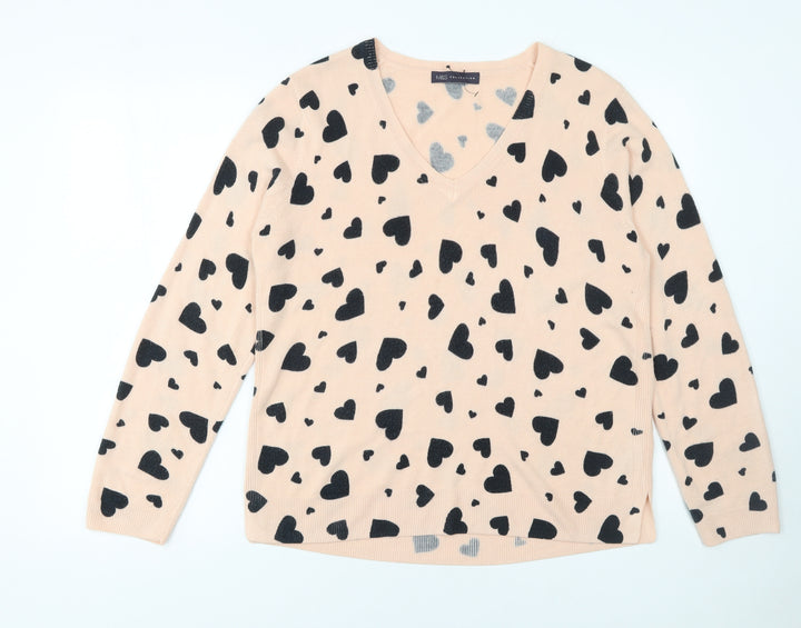 Marks and Spencer Womens Beige Heart Print V-Neck Acrylic Jumper Size 16