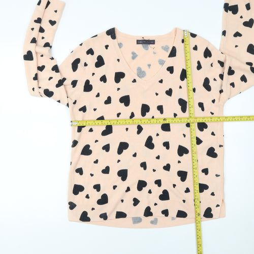 Marks and Spencer Womens Beige Heart Print V-Neck Acrylic Jumper Size 16