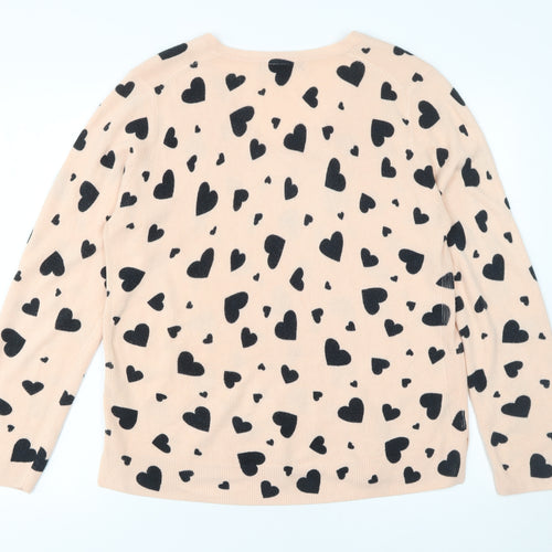 Marks and Spencer Womens Beige Heart Print V-Neck Acrylic Jumper Size 16