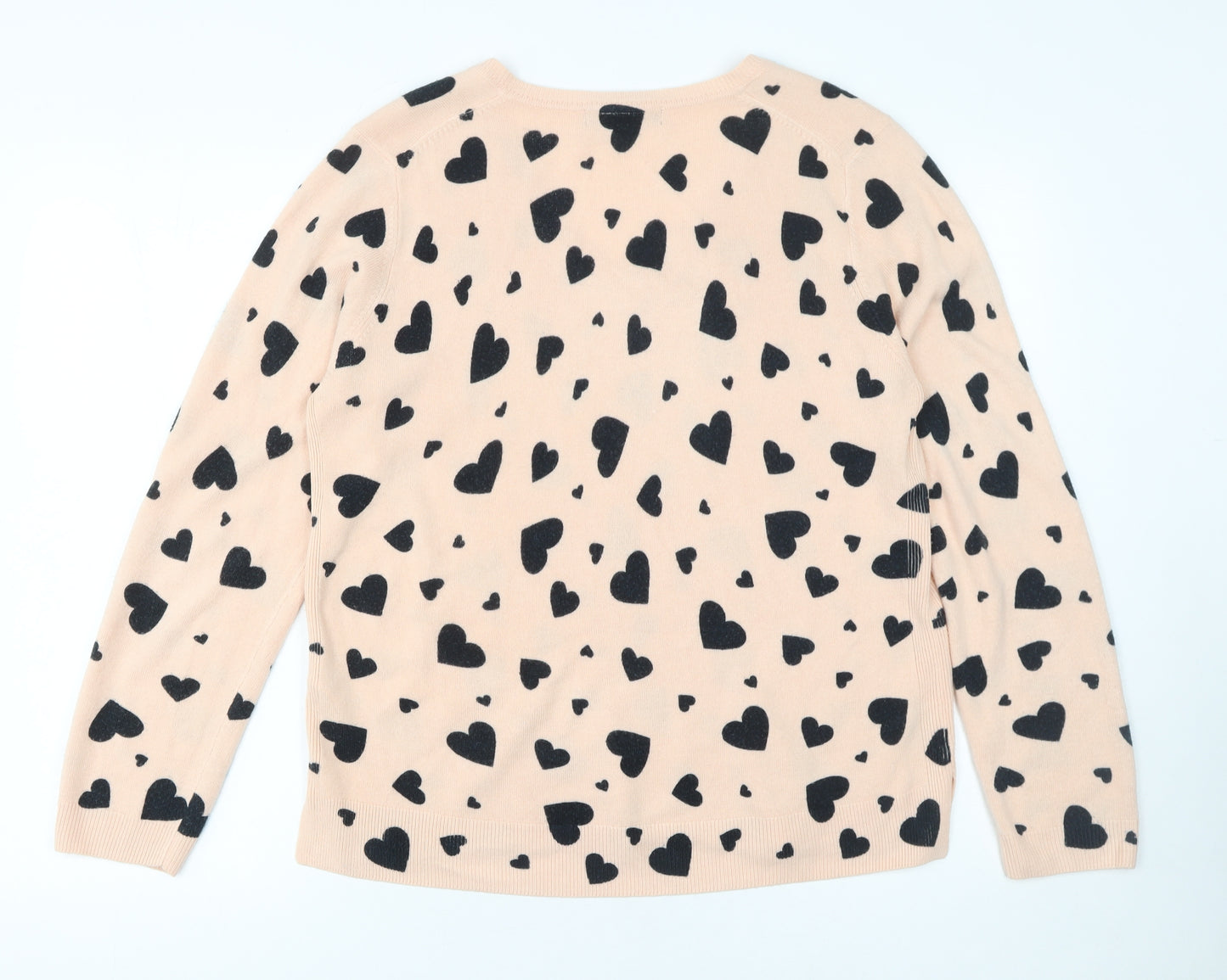 Marks and Spencer Womens Beige Heart Print V-Neck Acrylic Jumper Size 16