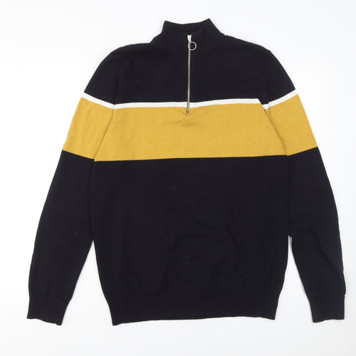 New Look Men’s Blue Yellow Stripe Half Zip Cotton Jumper Size S