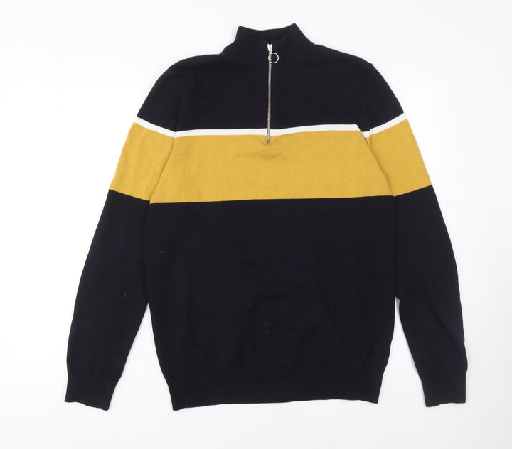 New Look Men’s Blue Yellow Stripe Half Zip Cotton Jumper Size S