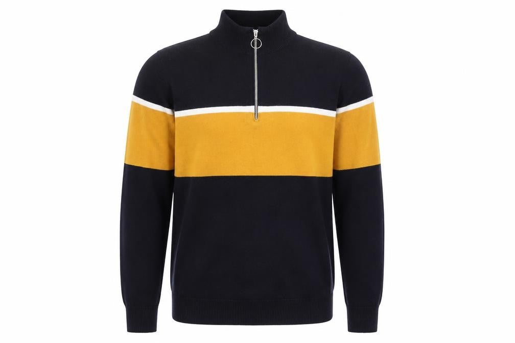 Front view of New Look Men’s Blue Yellow Stripe Half Zip Cotton Jumper, size S