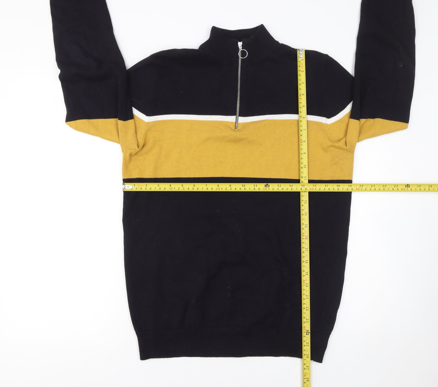 New Look Men’s Blue Yellow Stripe Half Zip Cotton Jumper Size S