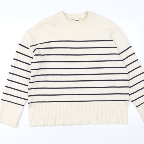 Zara Women Ivory Striped Crew Neck Pullover Jumper Size S