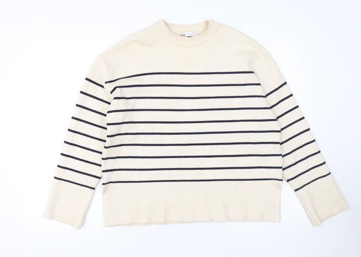 Zara Women Ivory Striped Crew Neck Pullover Jumper Size S