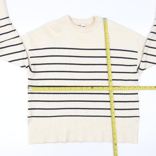 Zara Women Ivory Striped Crew Neck Pullover Jumper Size S