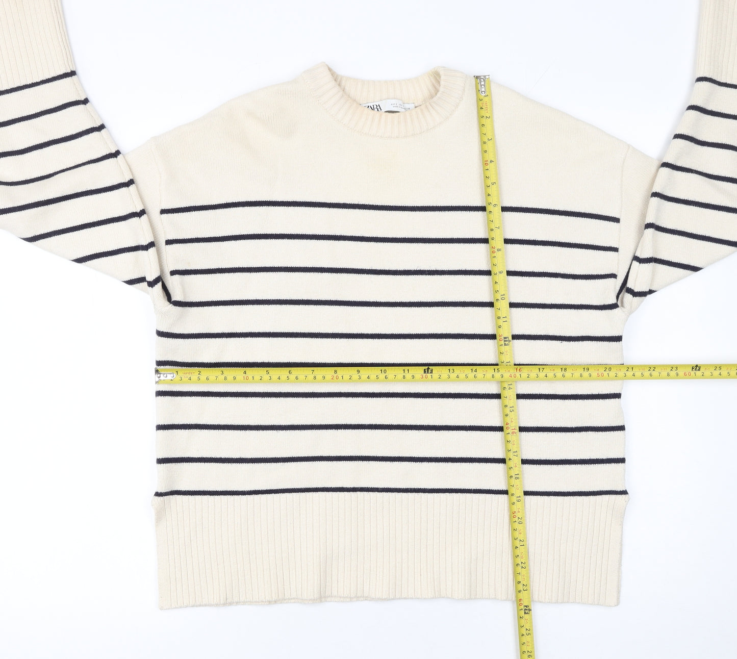 Zara Women Ivory Striped Crew Neck Pullover Jumper Size S