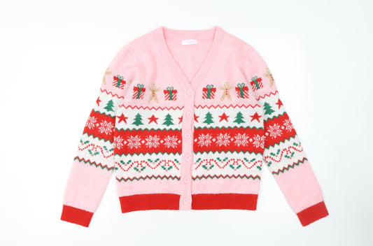 Primark Girls Pink Christmas Cardigan 12-13 Years Snowflake Tree Design