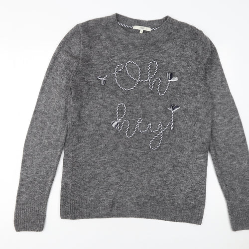 Next Women Grey Crew Neck Embroidered Pullover Jumper Size 10