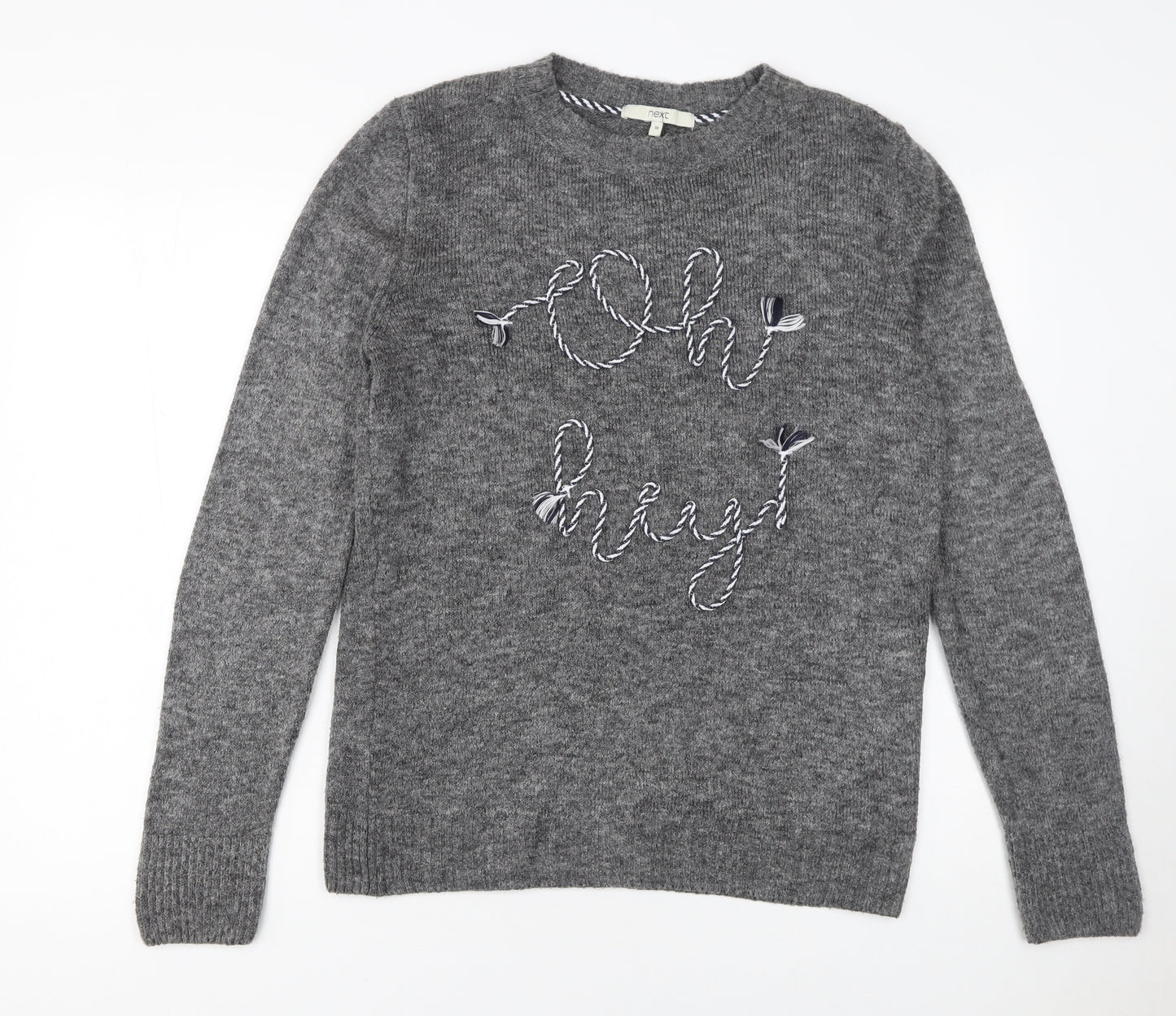 Next Women Grey Crew Neck Embroidered Pullover Jumper Size 10