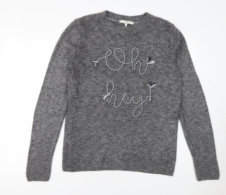 Next Women Grey Crew Neck Embroidered Pullover Jumper Size 10