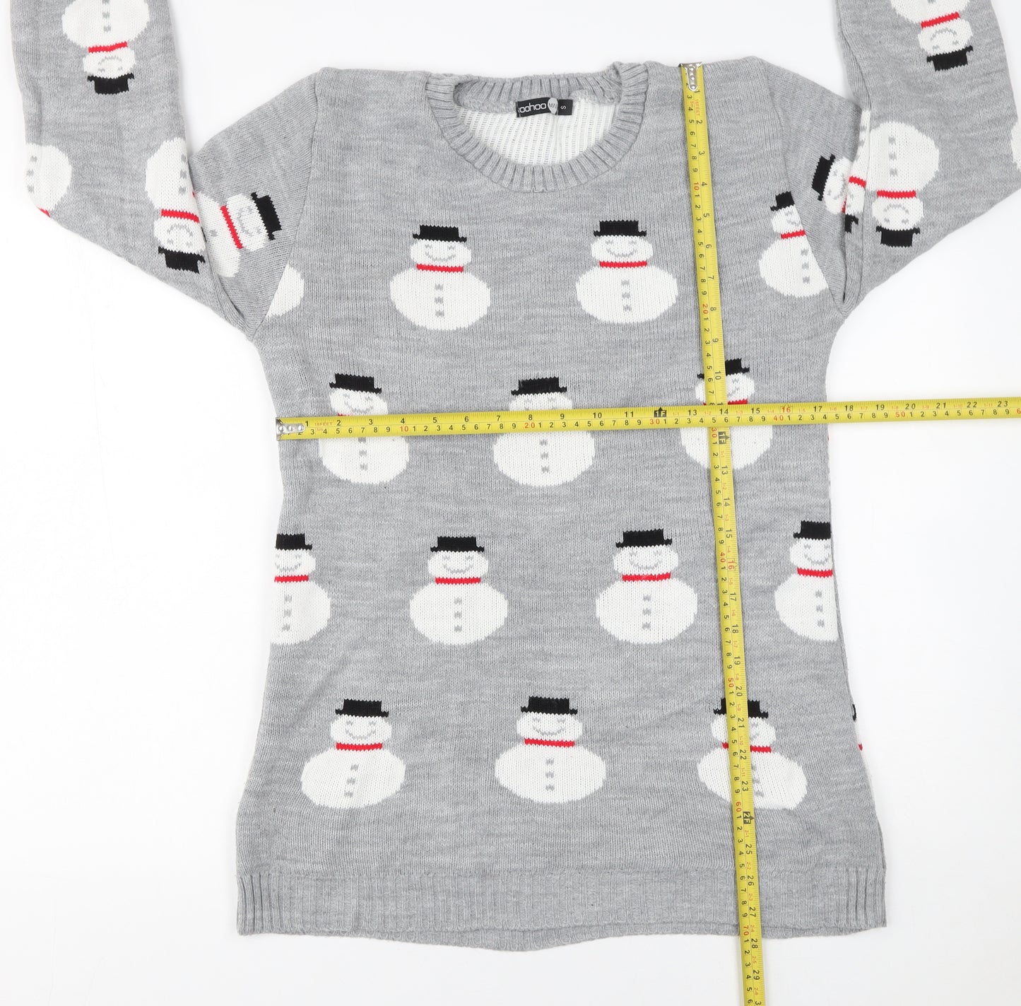 boohooMAN Men's Grey Small Snowman Christmas Knit Jumper