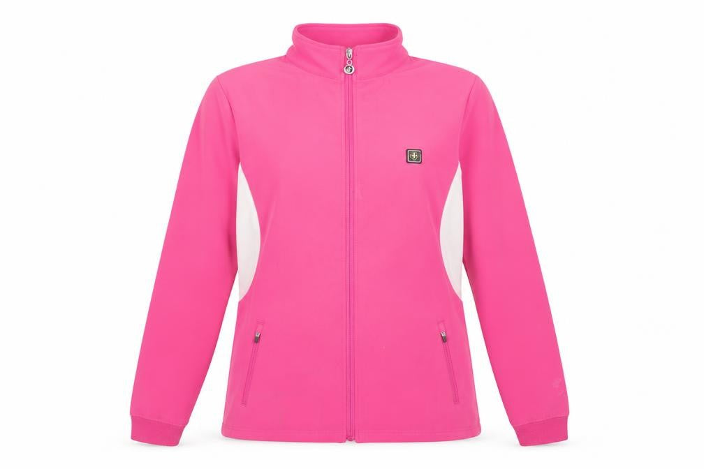 Front view of Island Green women’s pink softshell golf jacket, size UK 16, full zip activewear