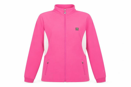 Front view of Island Green women’s pink softshell golf jacket, size UK 16, full zip activewear