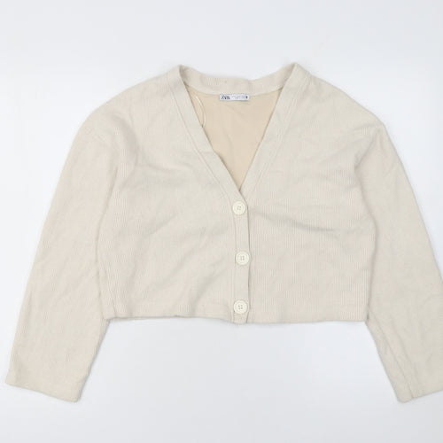 Zara Women Beige V-Neck Knit Cardigan Medium Cotton Blend