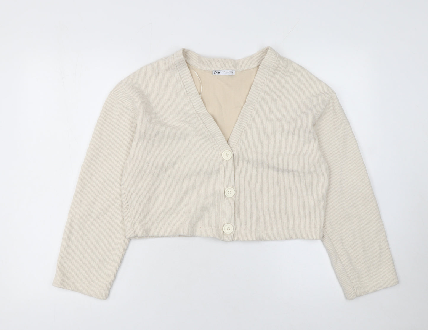 Zara Women Beige V-Neck Knit Cardigan Medium Cotton Blend