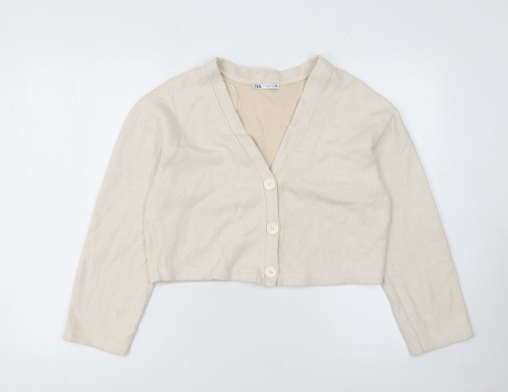 Zara Women Beige V-Neck Knit Cardigan Medium Cotton Blend