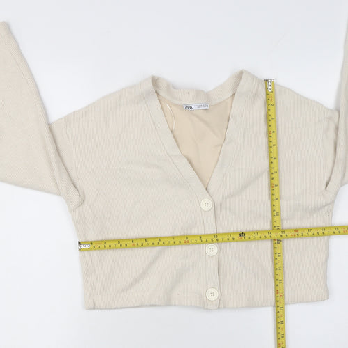 Zara Women Beige V-Neck Knit Cardigan Medium Cotton Blend