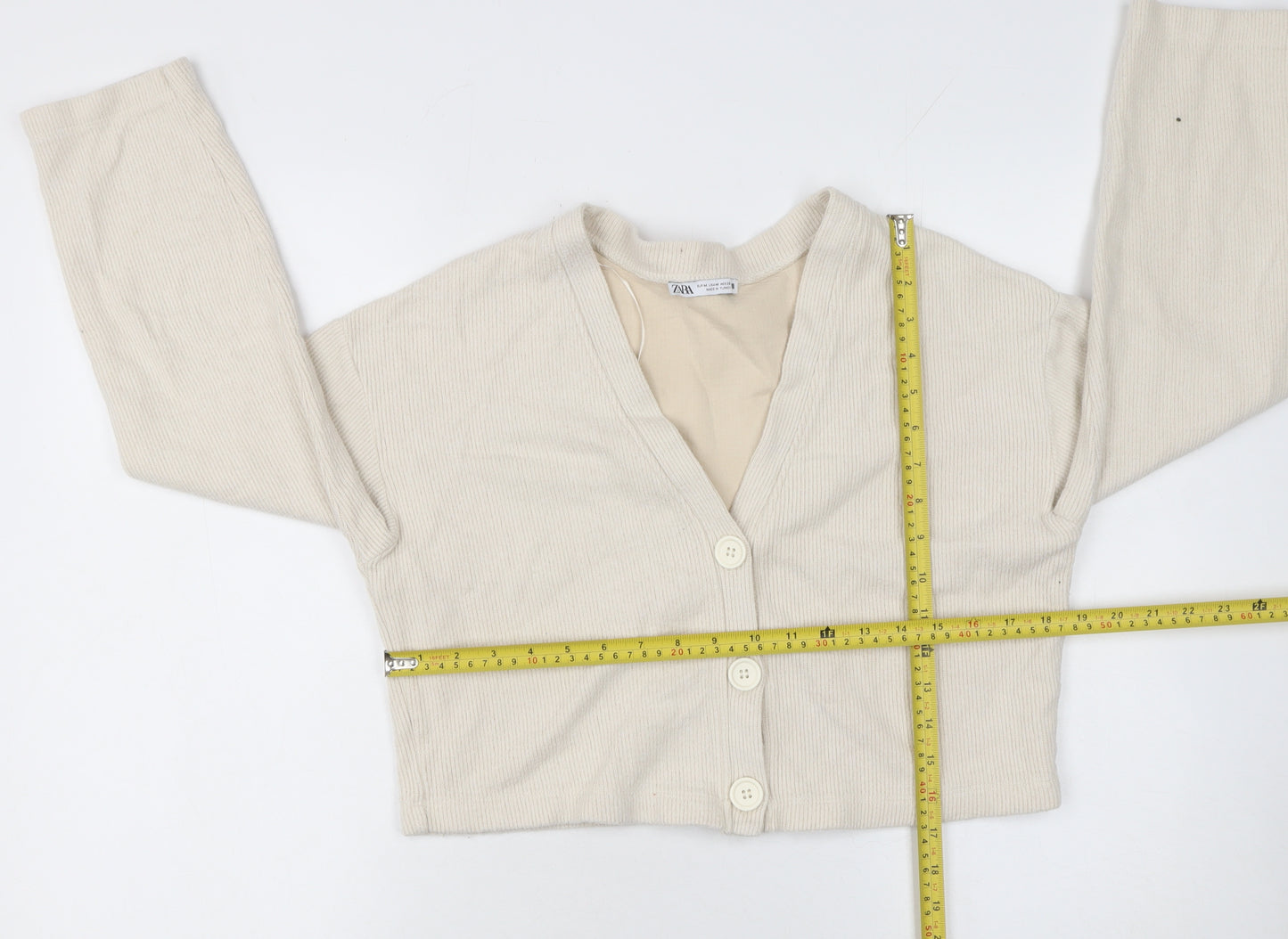 Zara Women Beige V-Neck Knit Cardigan Medium Cotton Blend