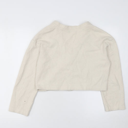 Zara Women Beige V-Neck Knit Cardigan Medium Cotton Blend